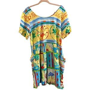 JAMS WORLD Vintage Hattie Babydoll Mini Dress Dancing Man Cafe Cuban - Sz Large